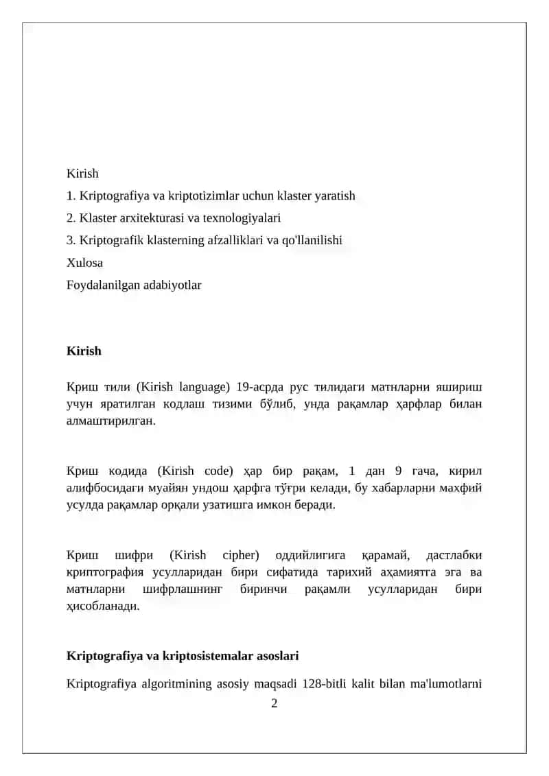 Kriptografiya va kriptotizimlar uchun klaster tuzing 2