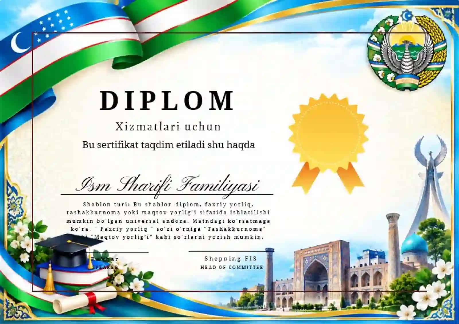 Shablon diplom, sertifikat, faxriy yorliq, tashakkurnoma yoki maqtov yorlig'i 2