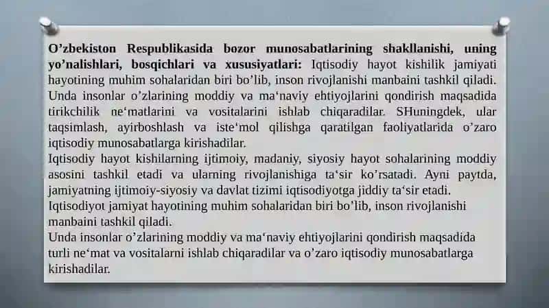O’ZBEKISTONDA IQTISODIY ISLOHOTLARNING AMALGA OSHIRILISHI, BOZOR MUNOSABATLARINING SHAKLLANISHI 2