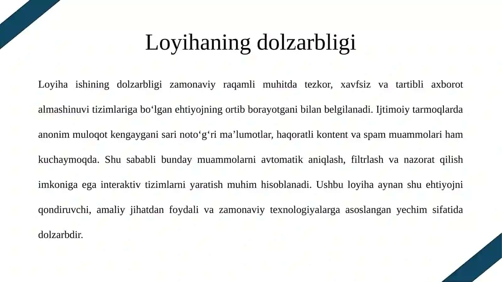 Diplom loyiha mavzusi: C# damaxfiylikni ta’minlovchi anonim chat-bot ishlab chiqish 2