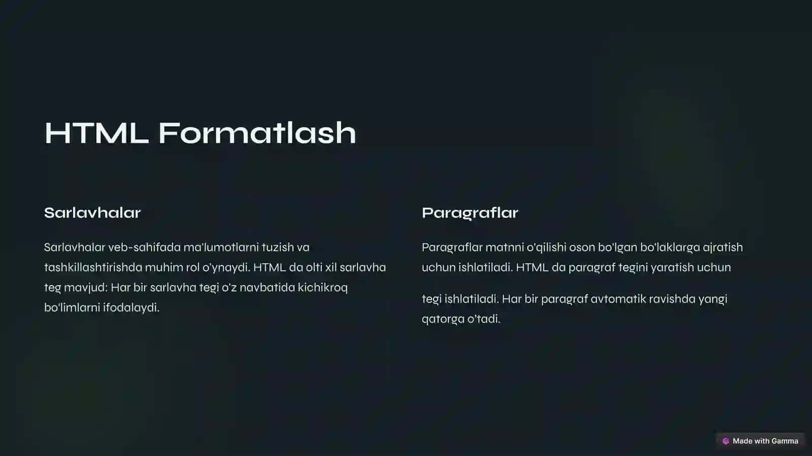 HTML Formati va Kengaytirilgan Tushunchalari 2