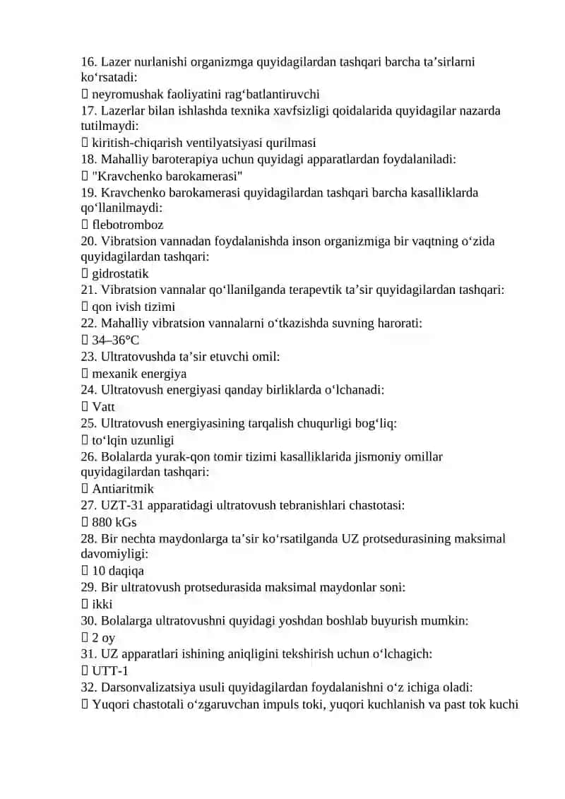 Reabilitalogiya (davolash fizkulturasi, kurortologiya, fizioterapiya) mutaxassisligi test savollari 2