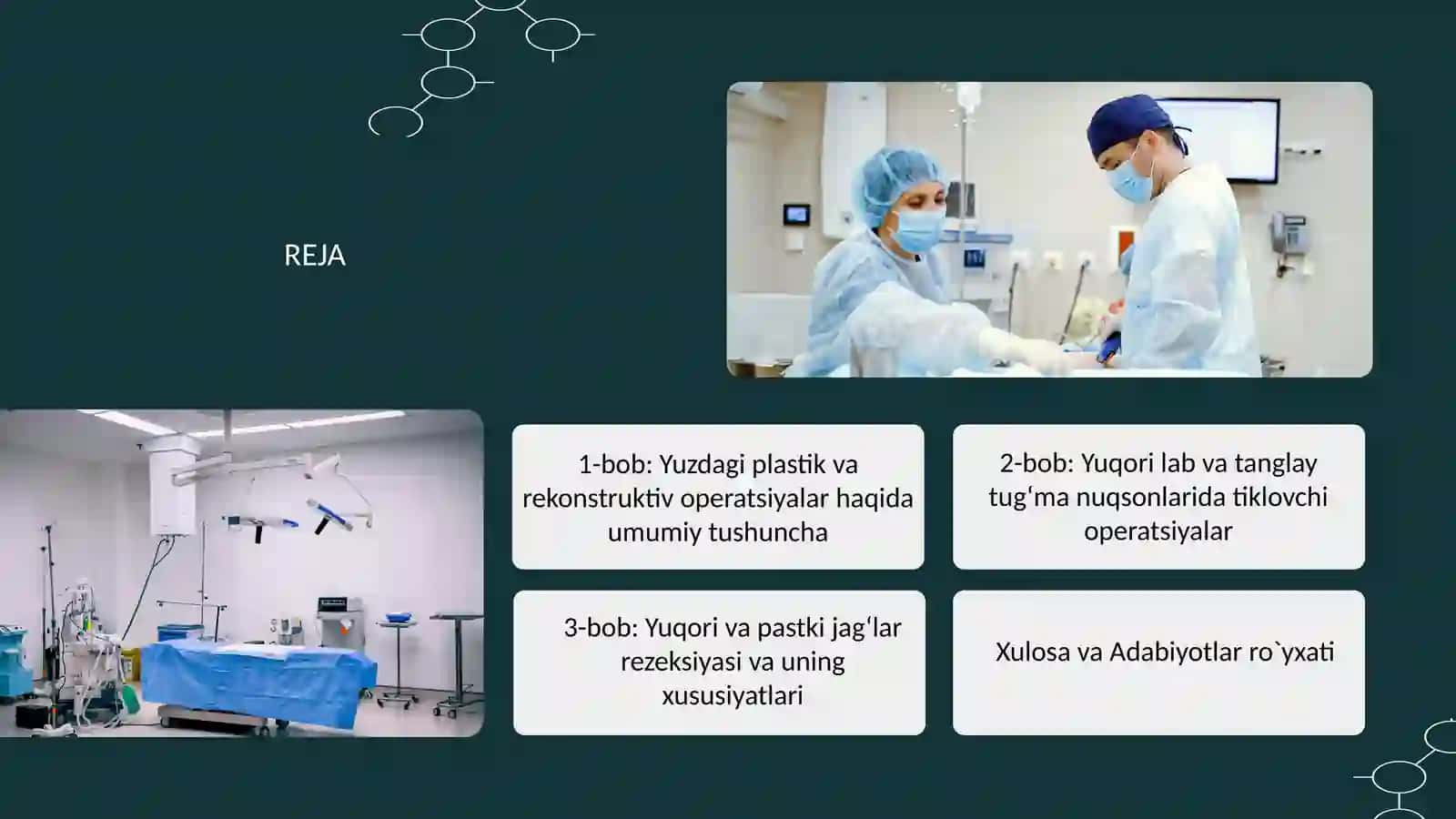 Yuzdagi plastik operatsiyalar haqida tushincha. Yuqori lab va tanglay tug`ma nuqsonlarida tiklovchi operatsiyalar. Yuqori va pastki jag`lar rezeksiyasi 2