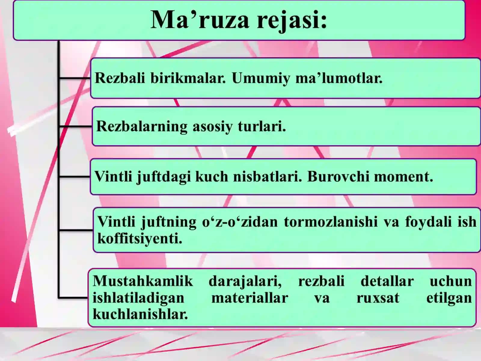 Birikmalar. Rezbali birikmalar.Umumiy ma`lumotlar. Rezbali biriklamalarnimustahkamlikka hisobi 2