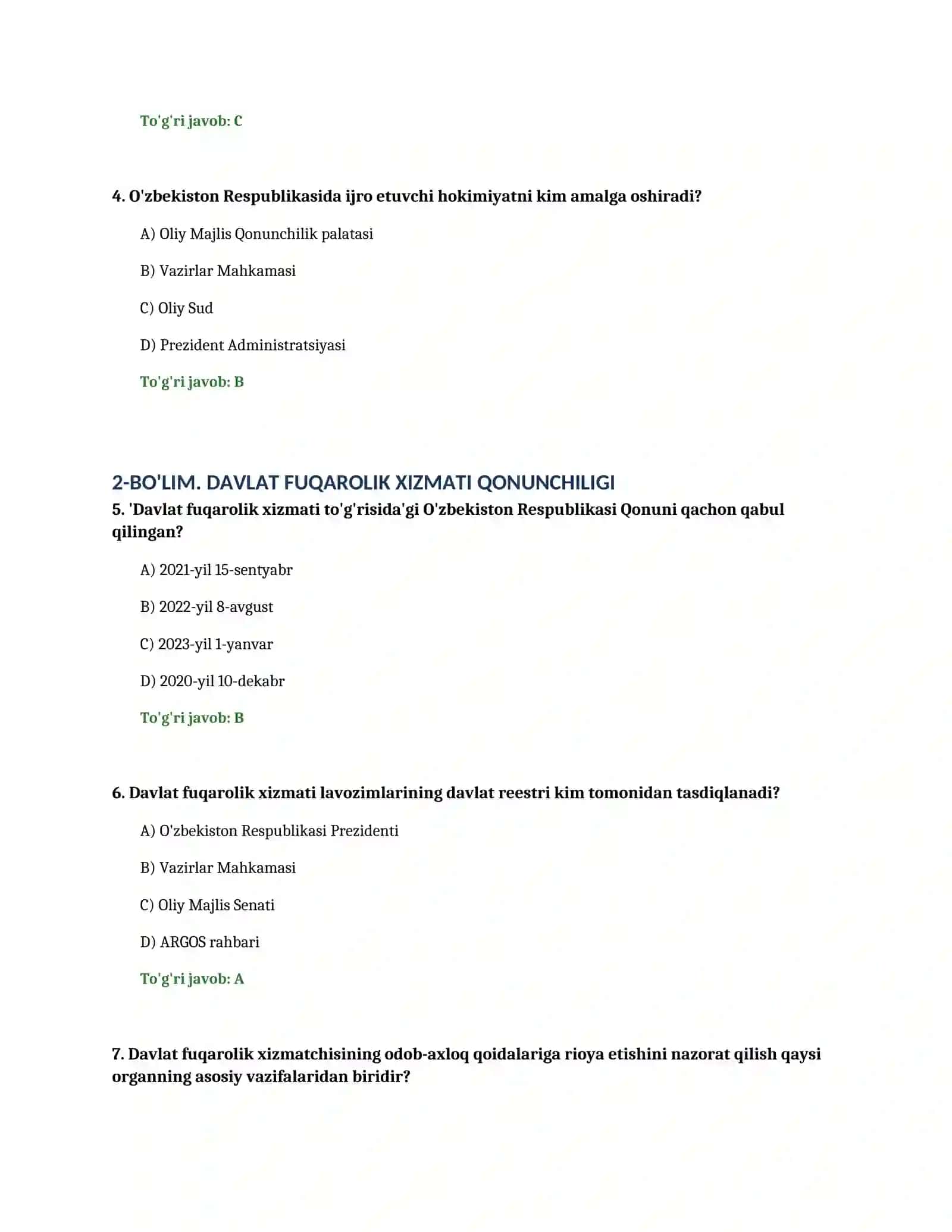 ARGOS TEST JAVOBLARI 2026 (Davlat xizmati uchun savol-javoblar va yechimlar to'plami) 2
