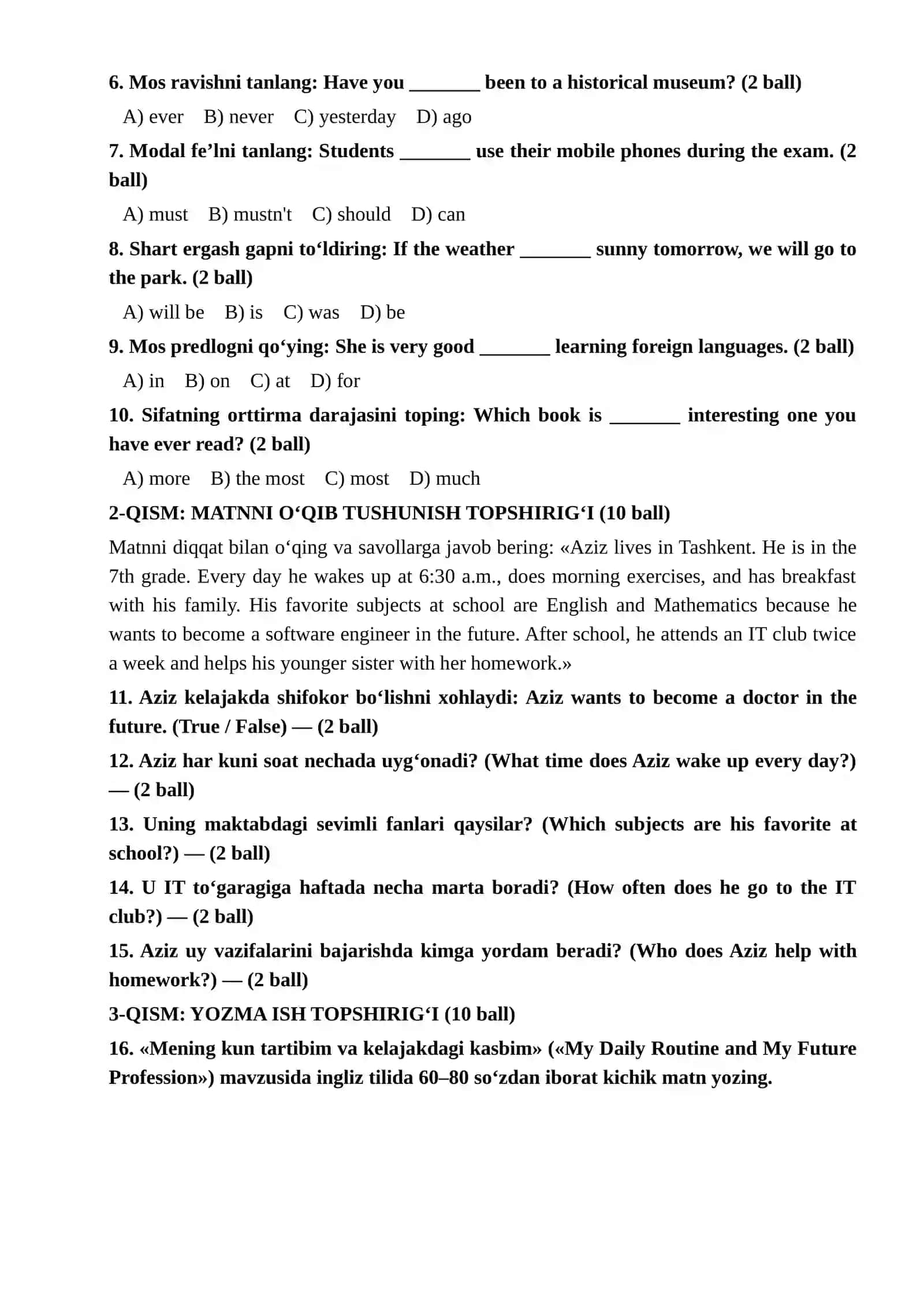 5–8-sinf «Ingliz tili» fanidan BSB va CHSB nazorat ishlari to‘plami (I va II variant, baholash mezoni va javoblari bilan) 2