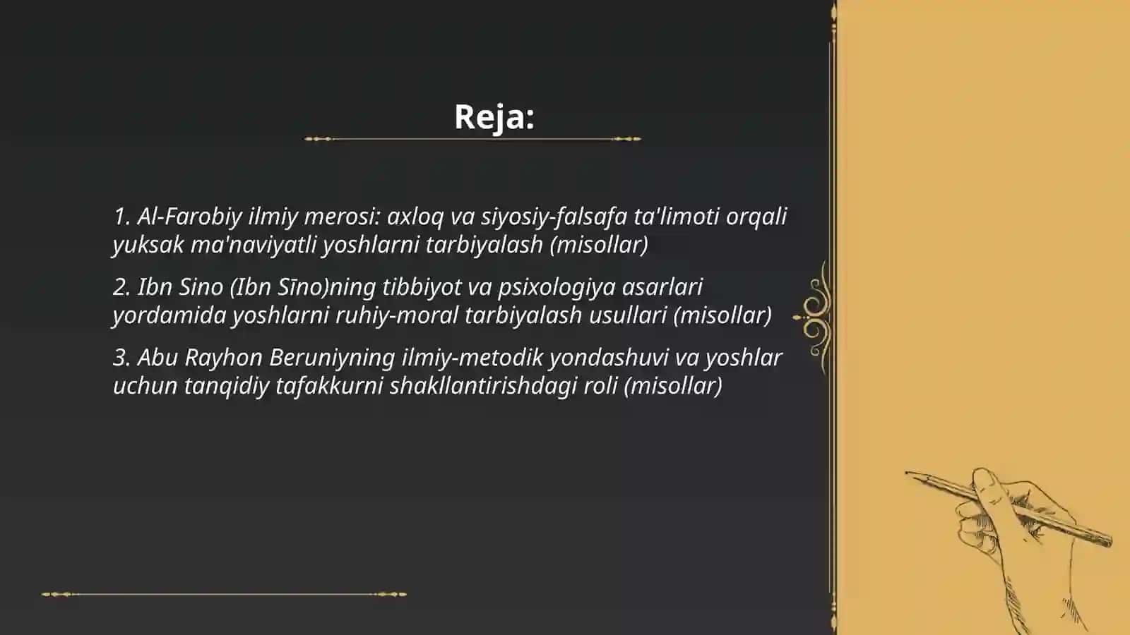 Al-Farobiy ilmiy merosi: axloq va siyosiy-falsafa ta'limoti orqali yuksak ma'naviyatli yoshlarni tarbiyalash (misollar) 2