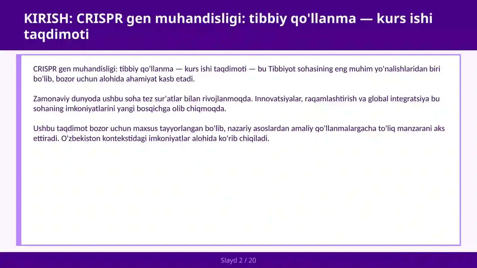 CRISPR GEN MUHANDISLIGI: TIBBIY QO'LLANMA 2