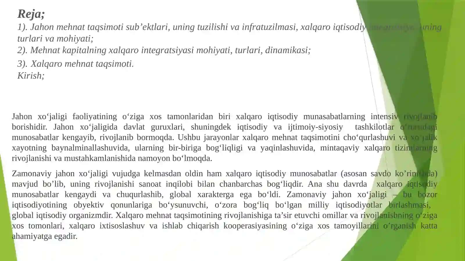 Jahon xo‘jaligi va xalqaro iqtisodiy munosabatlar: asosiy ko‘rinishlari va xususiyatlari. Xalqaro mehnat taqsimoti 2