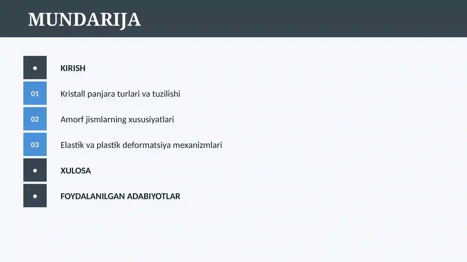 QATTIQ JISMLARNING TUZILISHI. AMORF VA KRISTALL JISMLAR QATTIQ JISMLARNING MEXANIK XOSSALARI ELASTIKLIK VA PLASTIKLIK 2