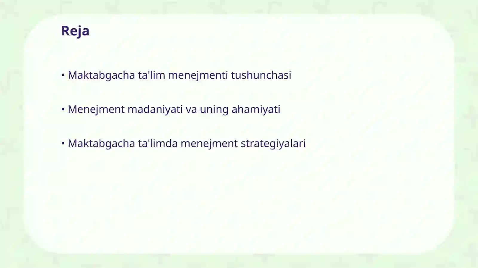 Maktabgacha ta'lim menejmenti fani Ta'lim sohasida menejment madaniyati 2
