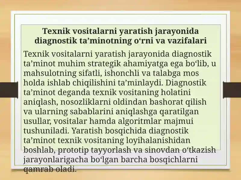 Texnik vositalarni yaratish va ekspluatatsiya bosqichlari dadiagnostik ta'minot 2
