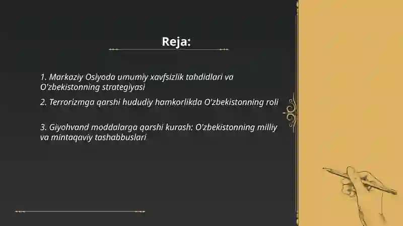 Markaziy Osiyoda xavfsizlik masalalari, terrorizm, giyohvandlik va odam savdosiga qarshi kurashda O’zbekiston Respublikasining roli 2