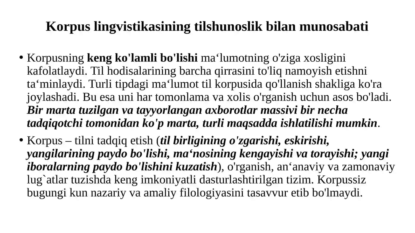 Korpus taksonomiyasi. Korpusning lingvistik va ta’limiy ahamiyati. Korpus yaratish texnologiyasi. Ma’lumot to‘plash (ma’lumotlarni saqlash, konkordans dasturiy ta’minoti yordamida ma’lumotlarni olish, onlayn interfeyslar) 2