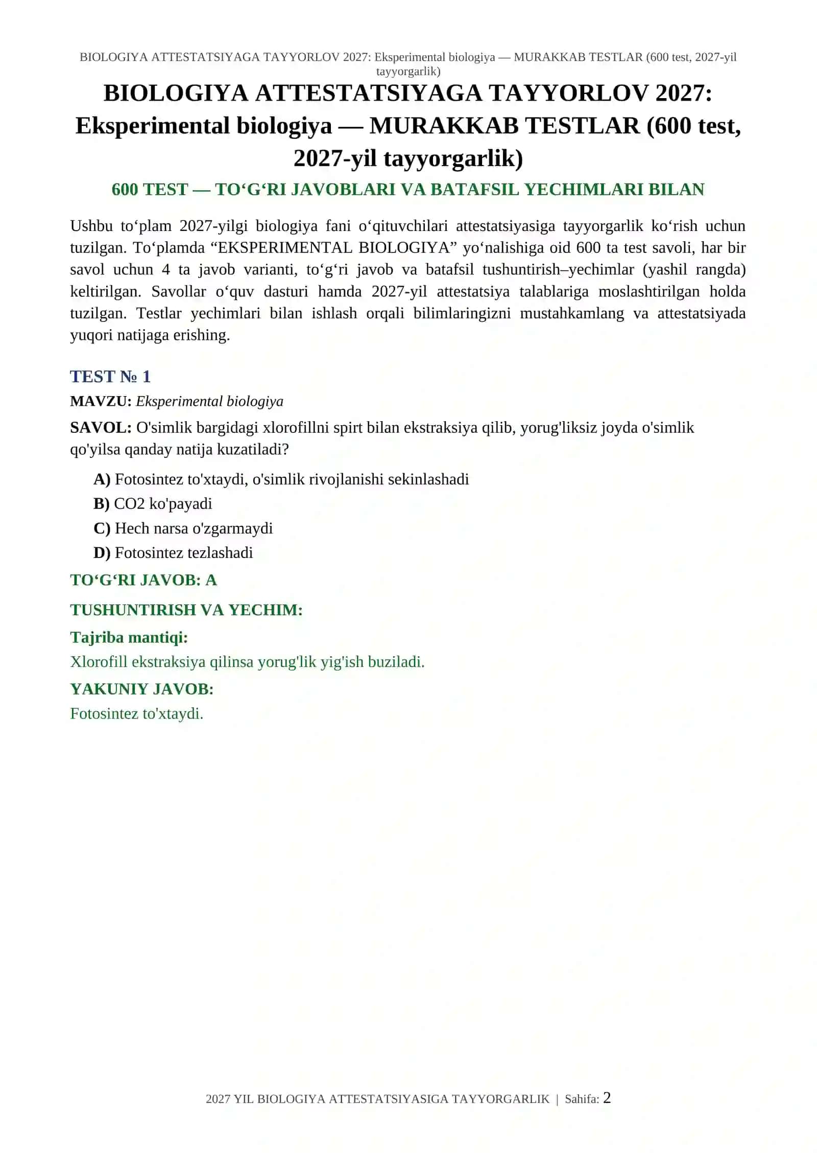 BIOLOGIYA ATTESTATSIYAGA TAYYORLOV 2027: Eksperimental biologiya — MURAKKAB TESTLAR (600 test, 2027-yil tayyorgarlik) 2