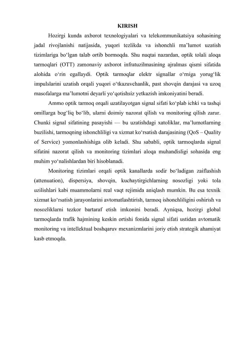 Optik tarmoqlarda signal sifatini nazorat qilish va monitoring qilish tizimlari 2