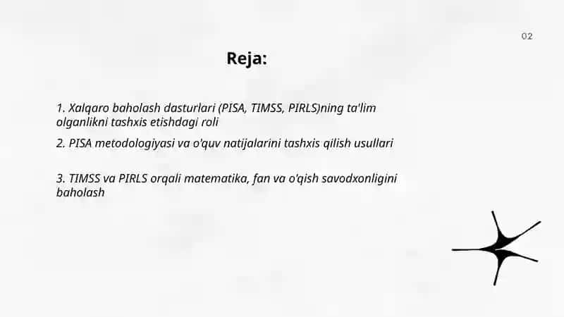 Xalqaro baholash dasturlari (PISA, TIMSS, PIRLS)ning ta'lim olganlikni tashxis etishdagi roli 2