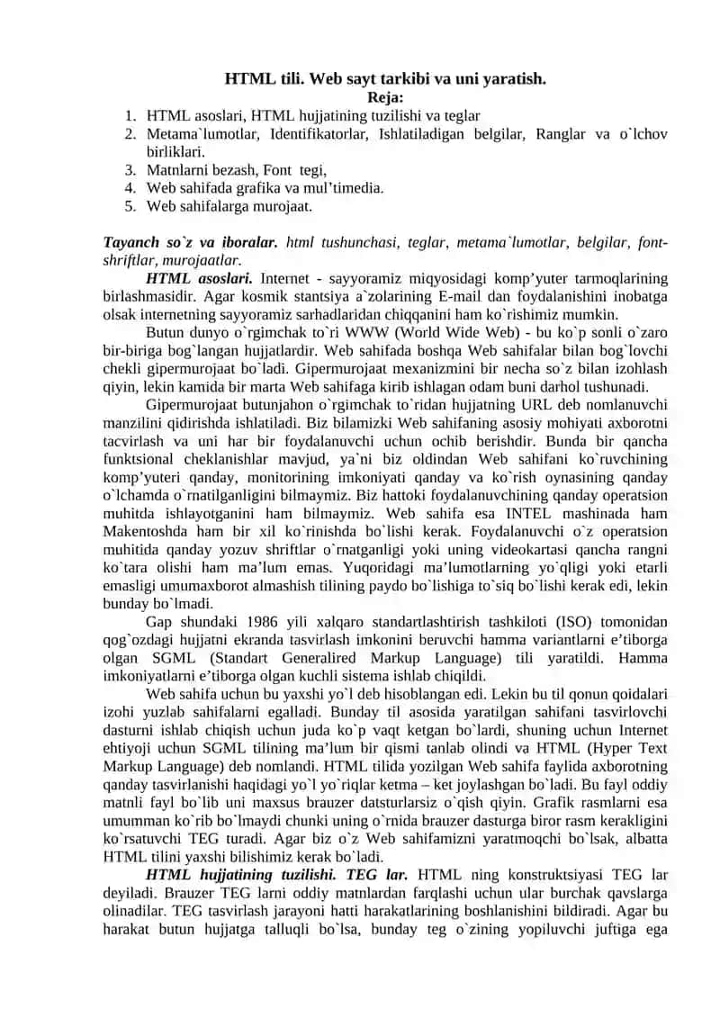 HTML TILI. WEB SAYT TARKIBI VA UNI YARATISH 2