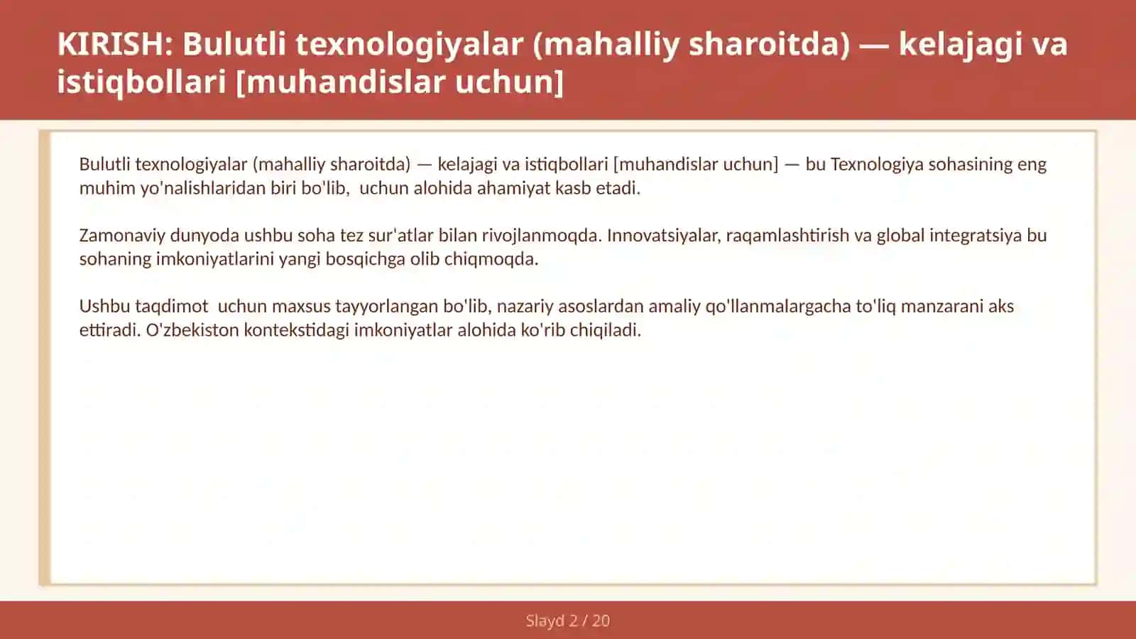 Bulutli texnologiyalar (mahalliy sharoitda) — kelajagi va istiqbollari [muhandislar uchun] 2