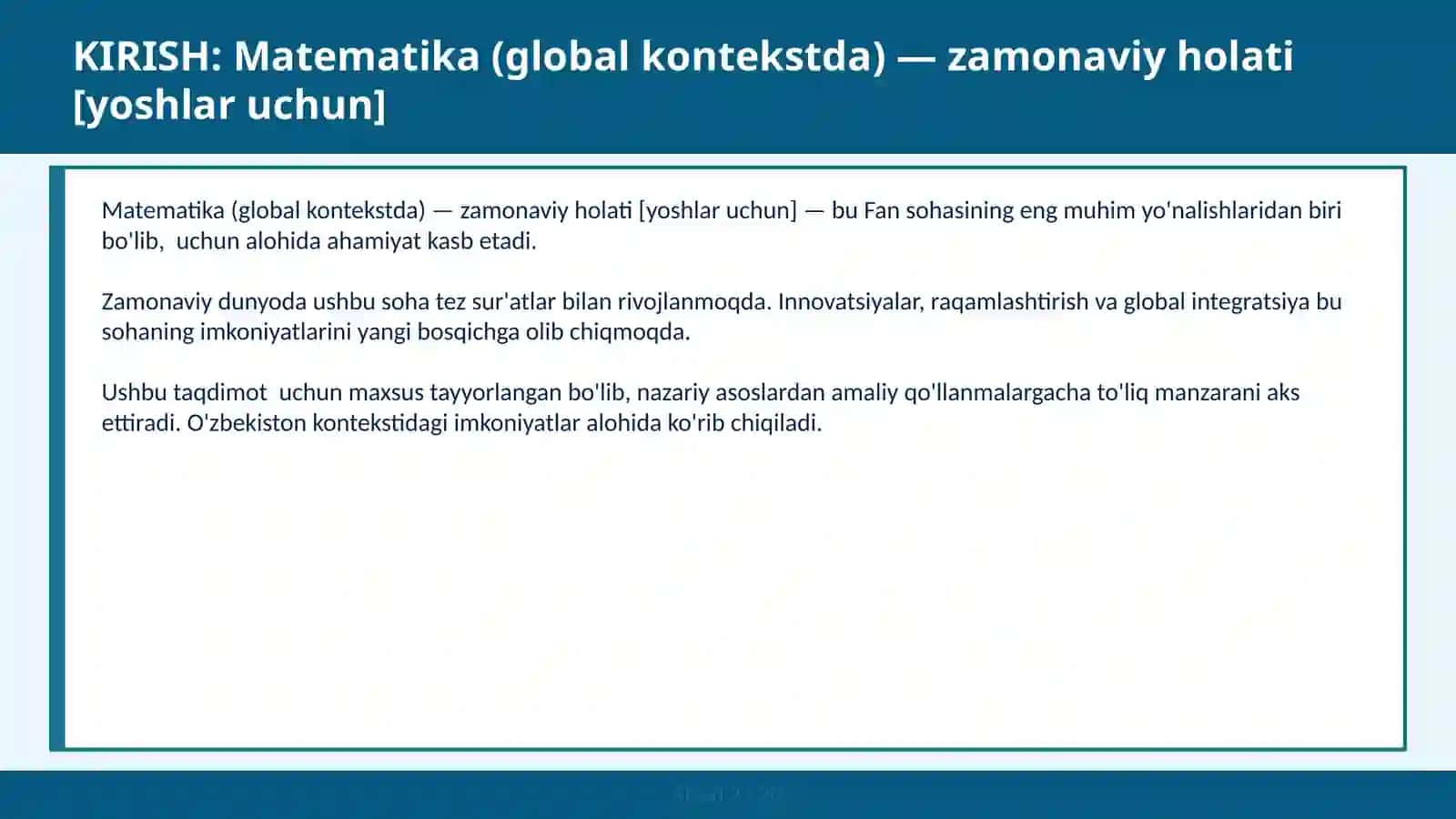 Matematika (global kontekstda) — zamonaviy holati [yoshlar uchun] 2