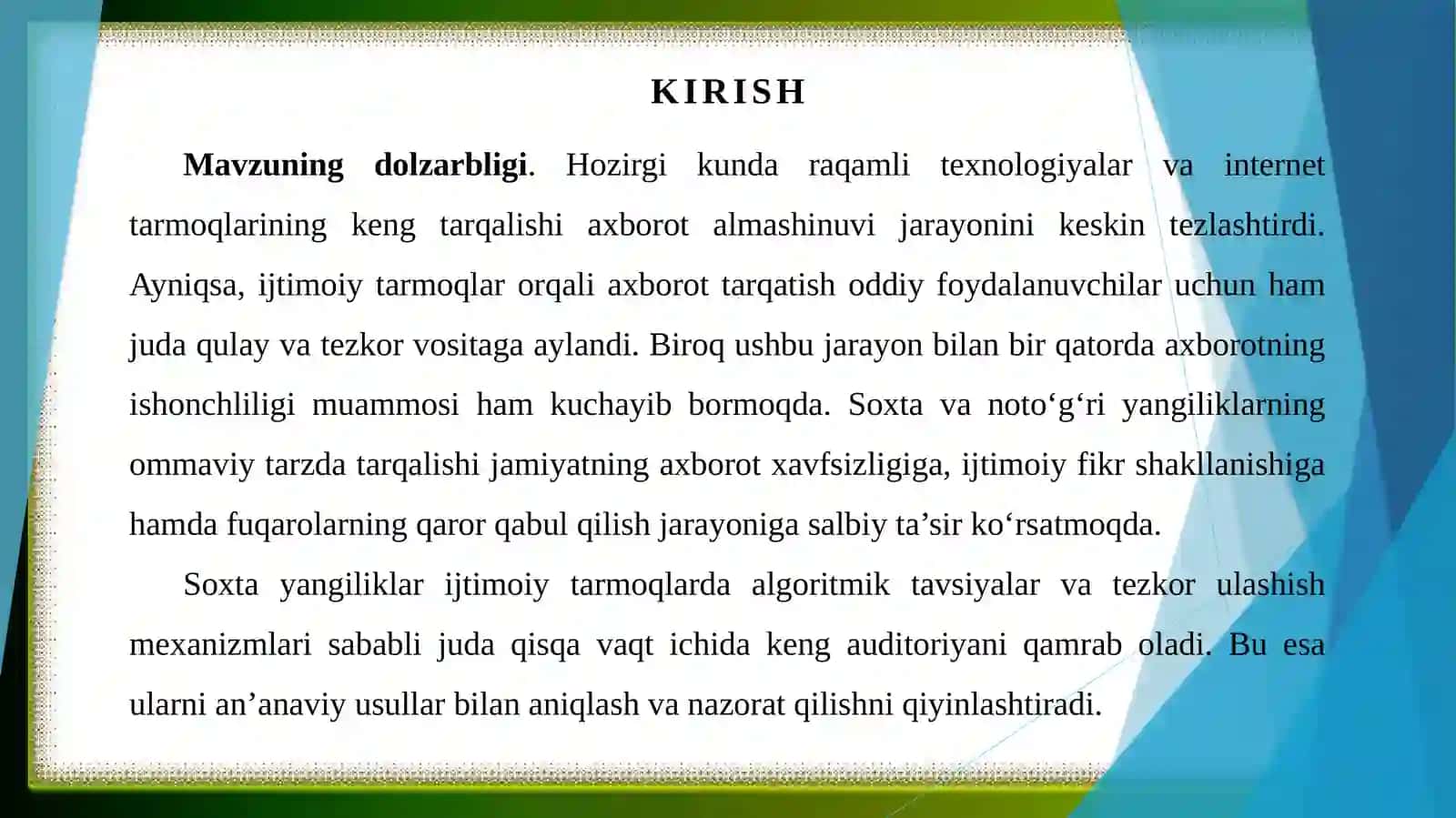 Ijtimoiy tarmoqlarda tarqaladigan axborot oqimida yolgʻon (soxta) yangiliklarni aniqlashning intelektual modelini ishlab chiqish 2