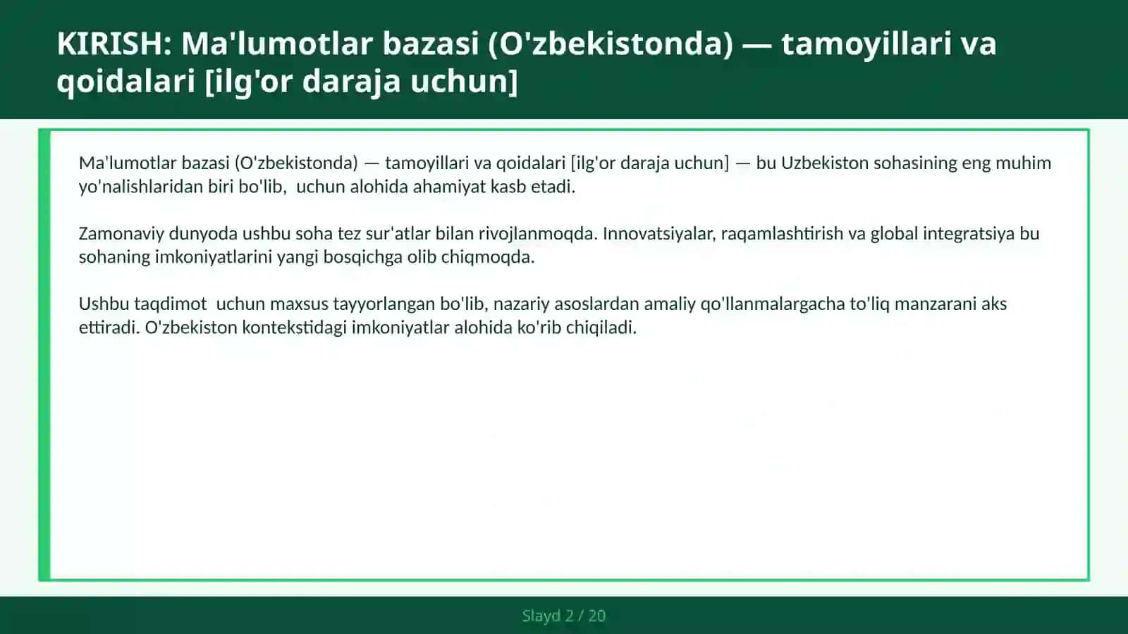 Ma'lumotlar bazasi (O'zbekistonda) — tamoyillari va qoidalari [ilg'or daraja uchun] 2