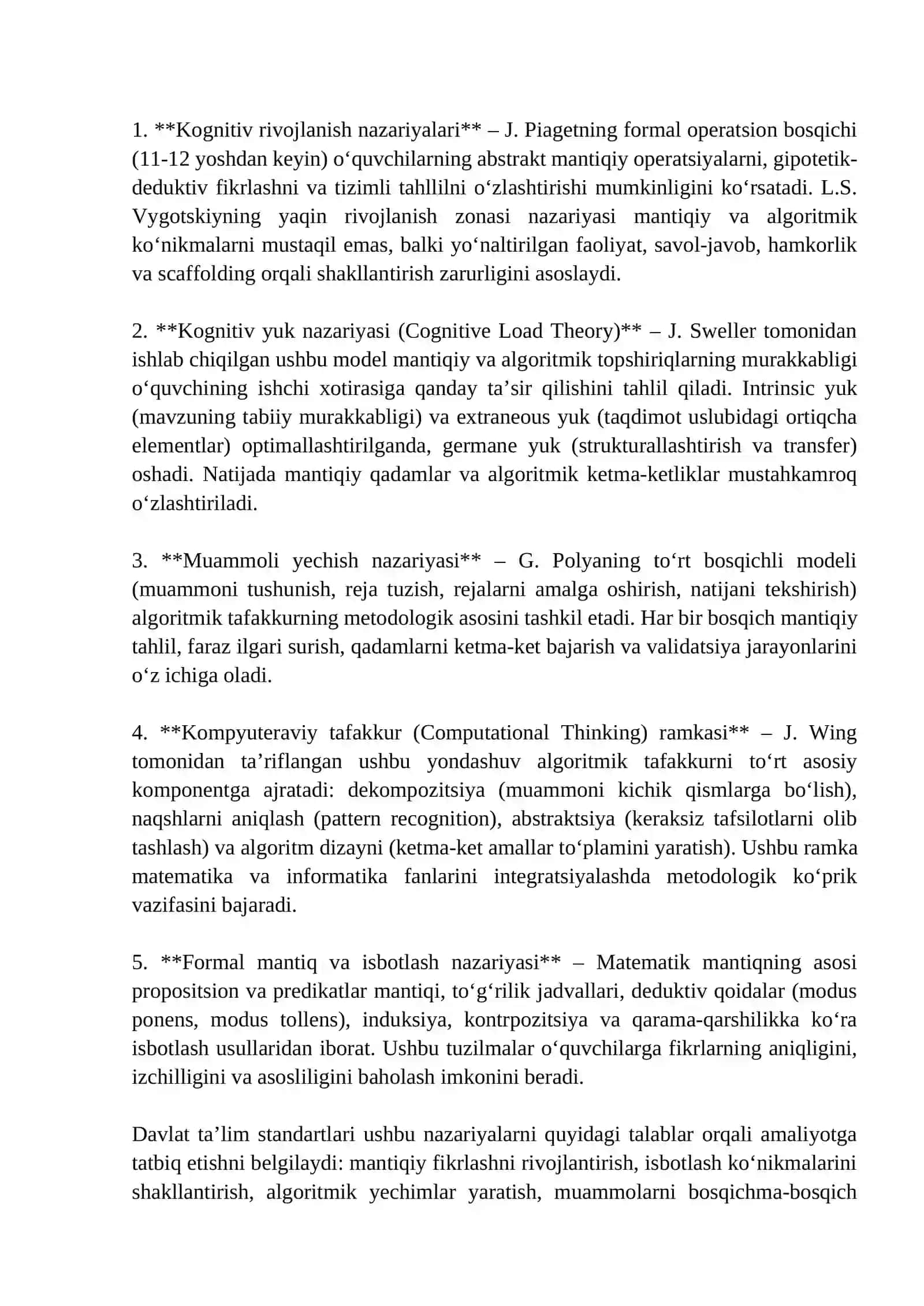 O‘QUVCHILARDA MATEMATIK MANTIQ VA ALGORITMIK TAFAKKURNI SHAKLLANTIRISH: NAZARIY ASOSLAR, PEDAGOGIK METODOLOGIYA, INTEGRATSIYA VA BAHOLASH TIZIMLARI 2