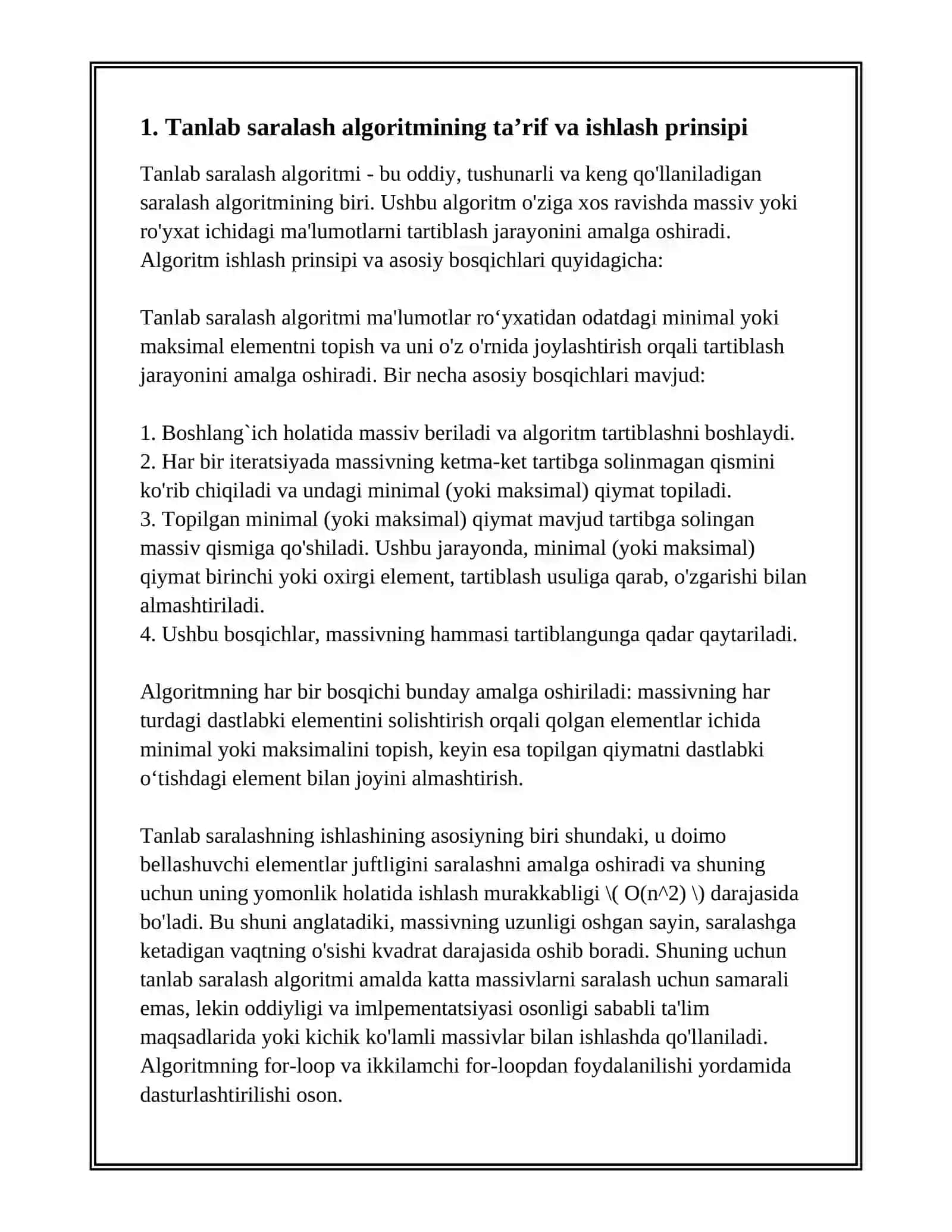 TANLAB SARALASH ALGARITMI 2