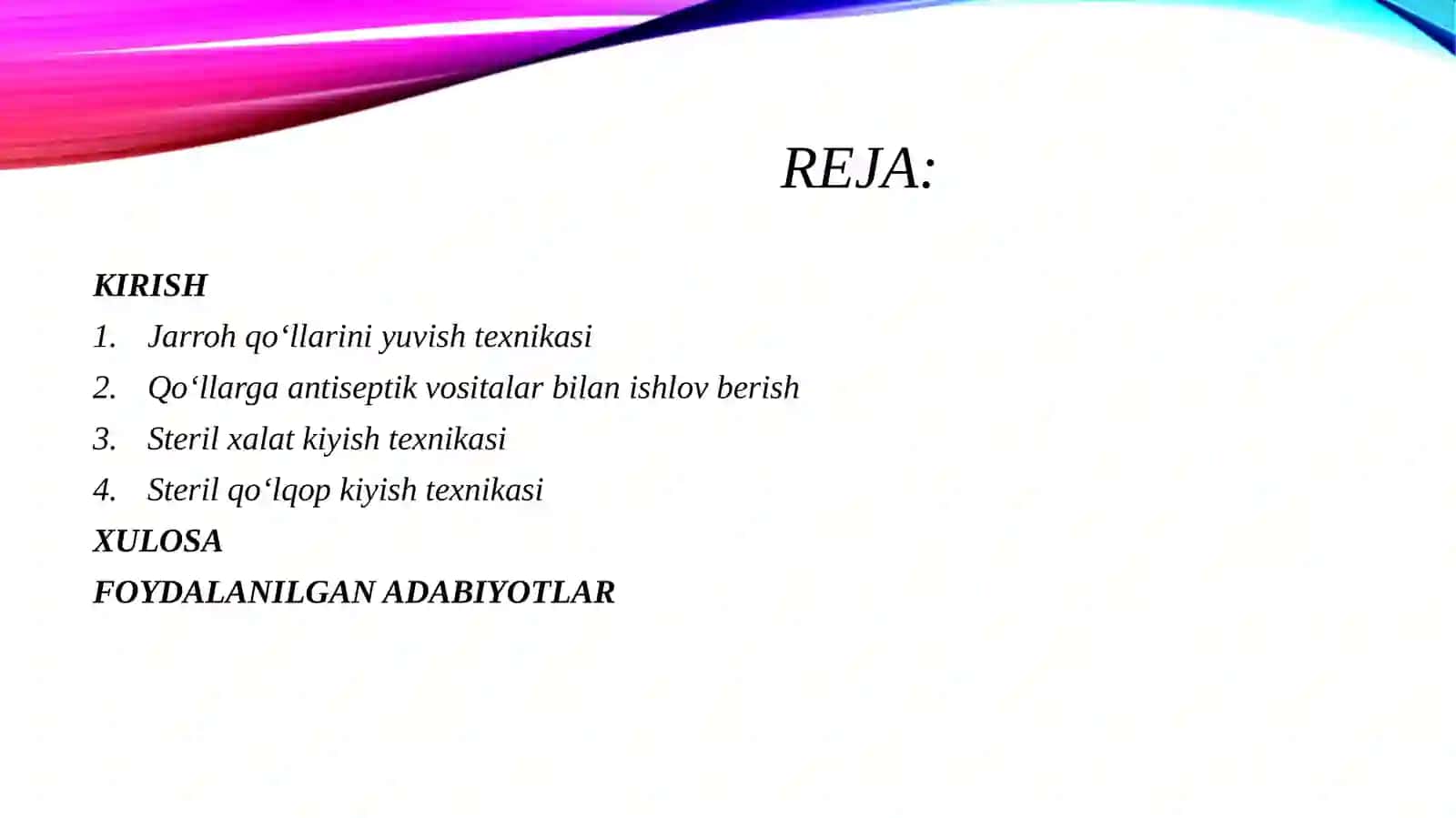 Jarroh qo‘llarini yuvish, antiseptiklar bilan ishlov berish va steril qo‘lqop, xalat kiyish texnikasi 2