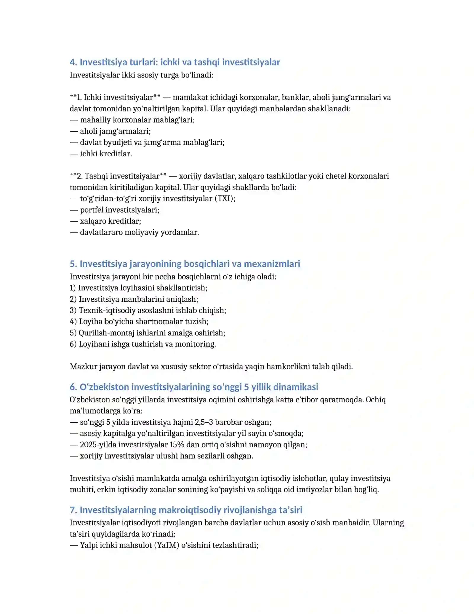 Investitsiya mavzusi bo‘yicha kengaytirilgan referat 2