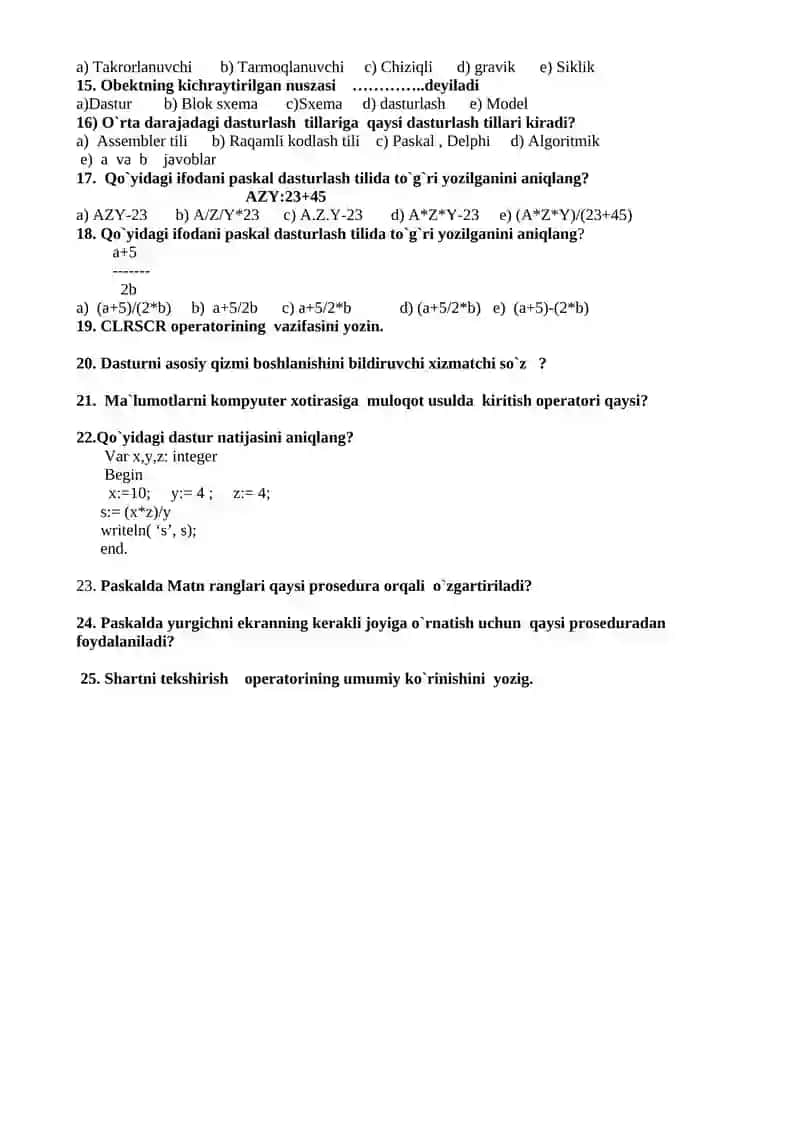 Informatika test 9- sinf olimpiada 3-variant 2