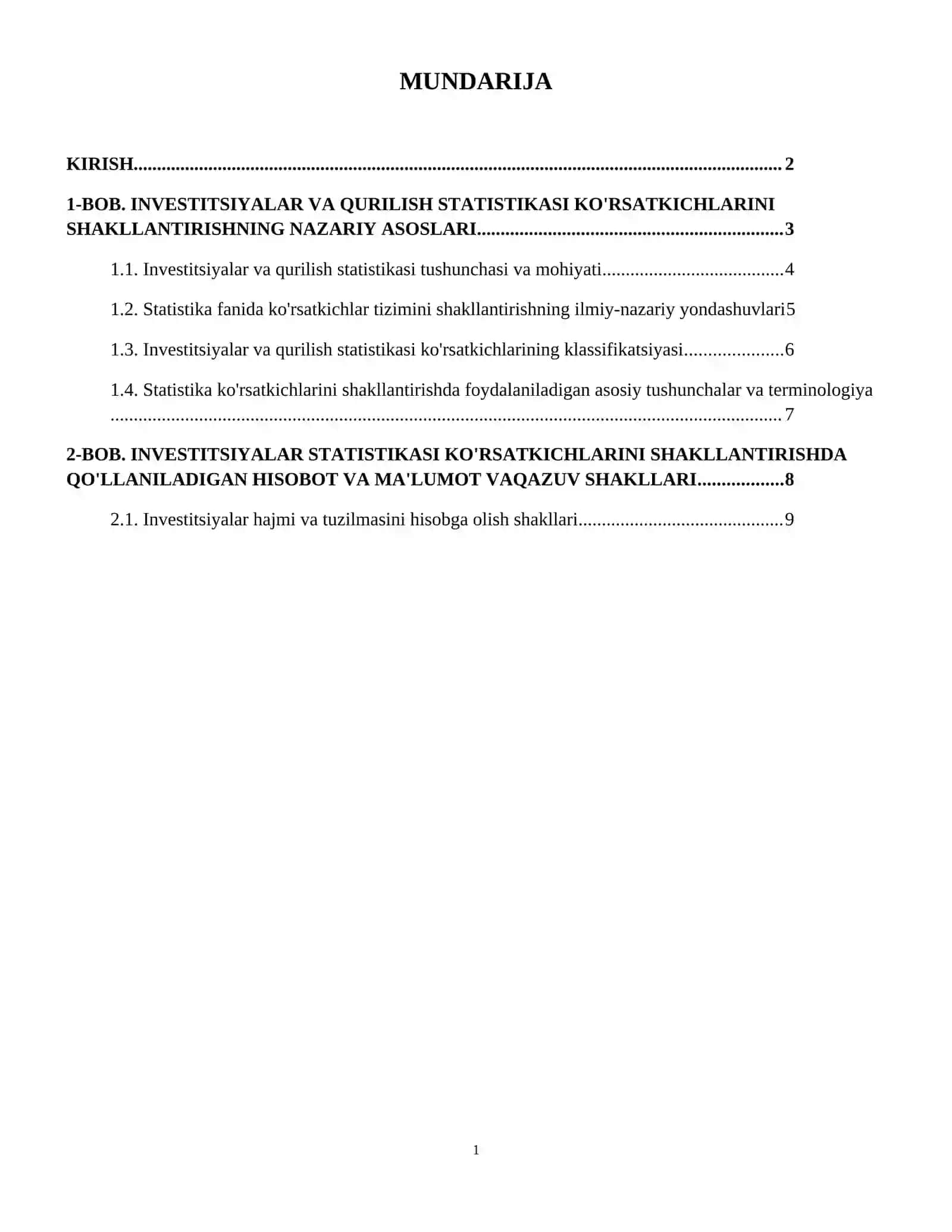"Investitsiyalar va qurilish statistikasi ko'rsatkichlarini shakllantirishda qo'llaniladigan hisobot vakuzatuv shakllari" mavzusida Statistika fanidan referat 2