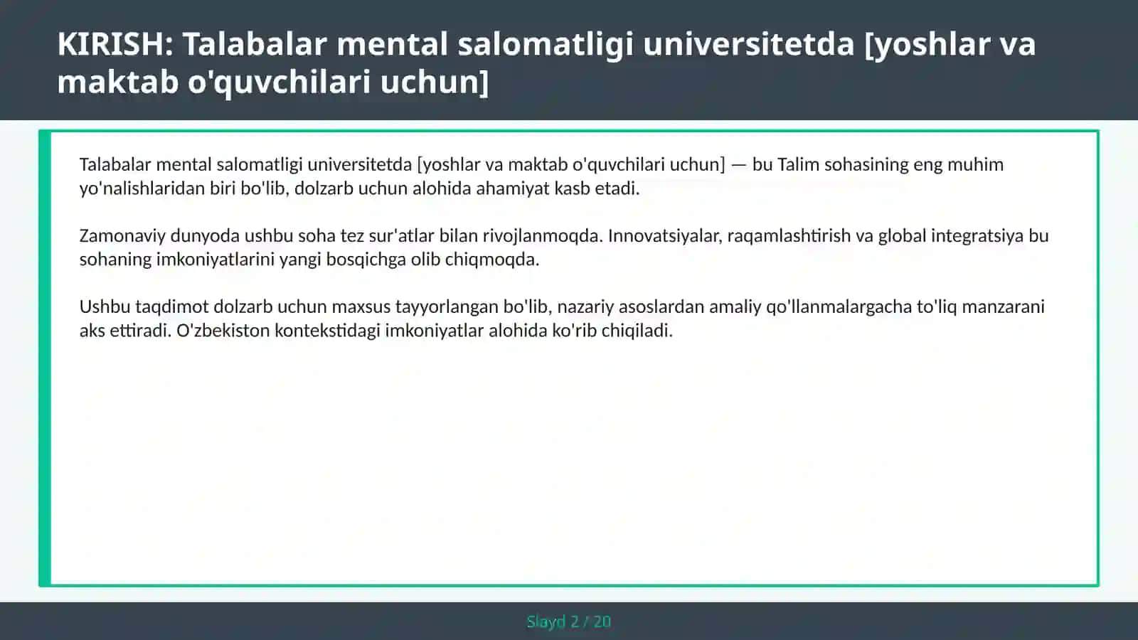 Talabalar mental salomatligi universitetda [yoshlar va maktab o'quvchilari uchun] 2