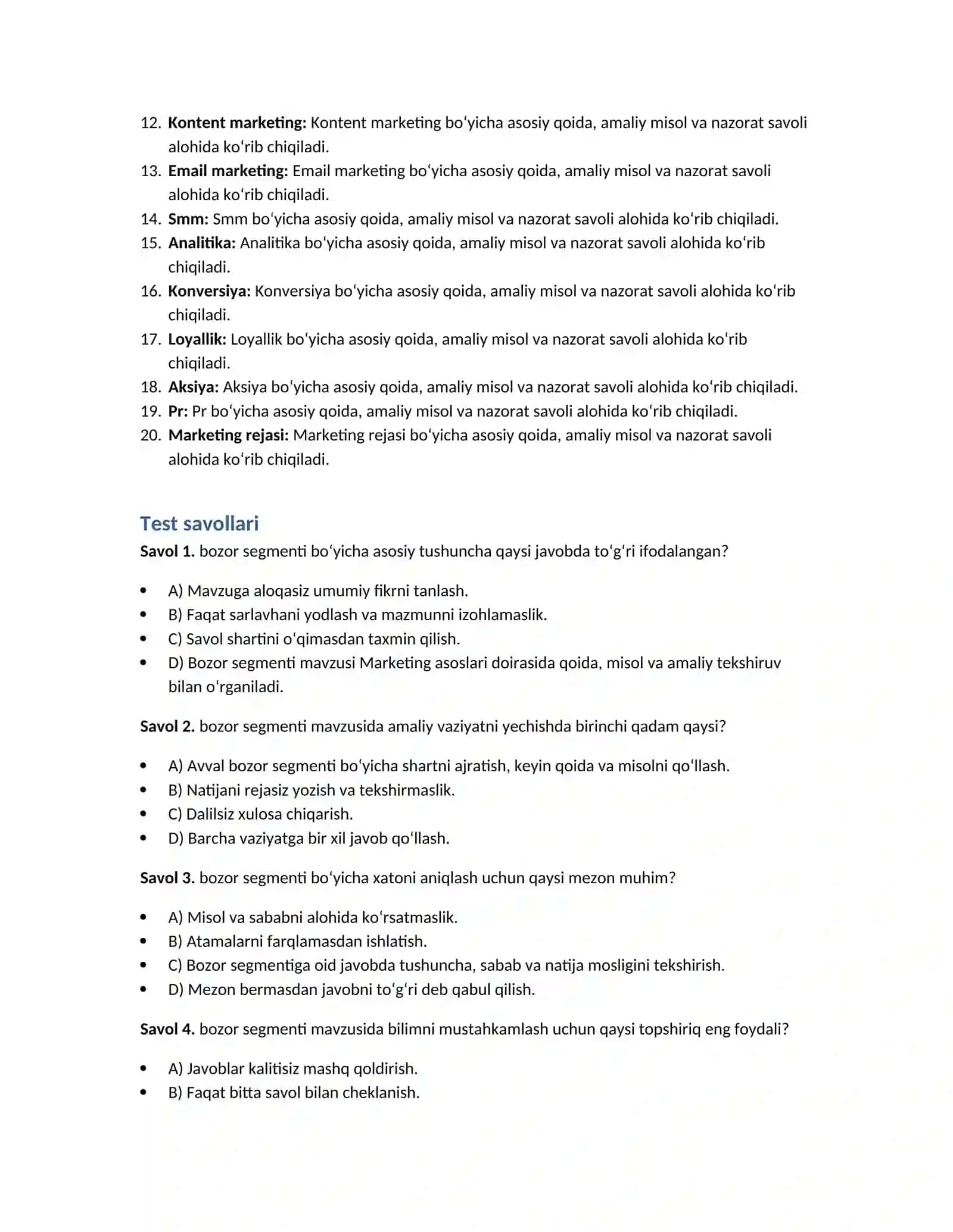 Marketing asoslari — 100 test javoblari bilan 2