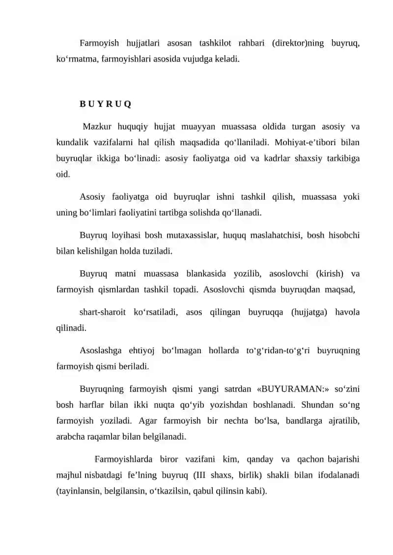 BUYRUQ KO’RINISHLARI. FARMOYISH YOZISH TARTIBI. KO’RSATMA VA GUVOHNOMA YOZILISHI 2
