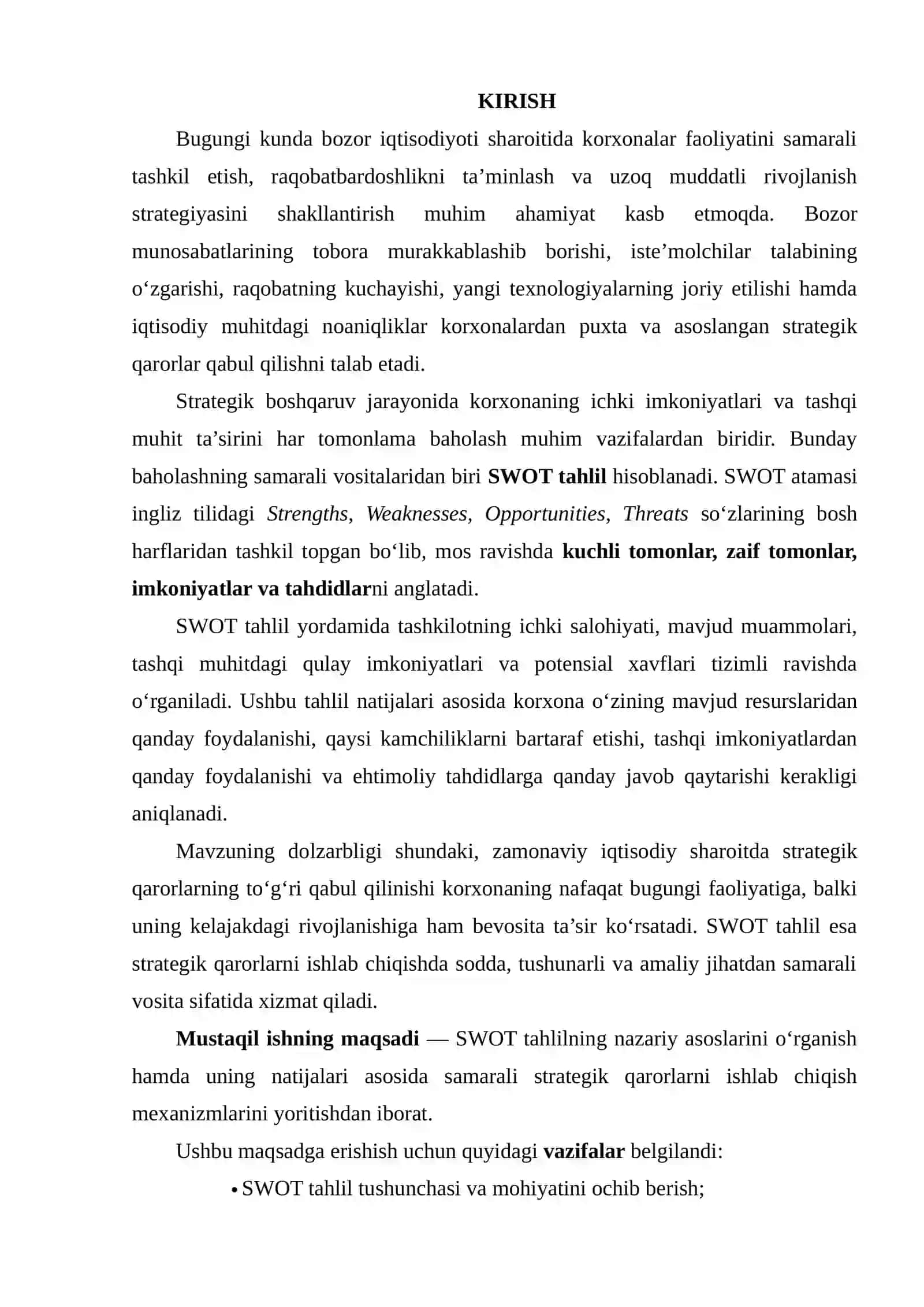 SWOT TAHLIL ASOSIDA STRATEGIK QAROR ISHLAB CHIQISH 2