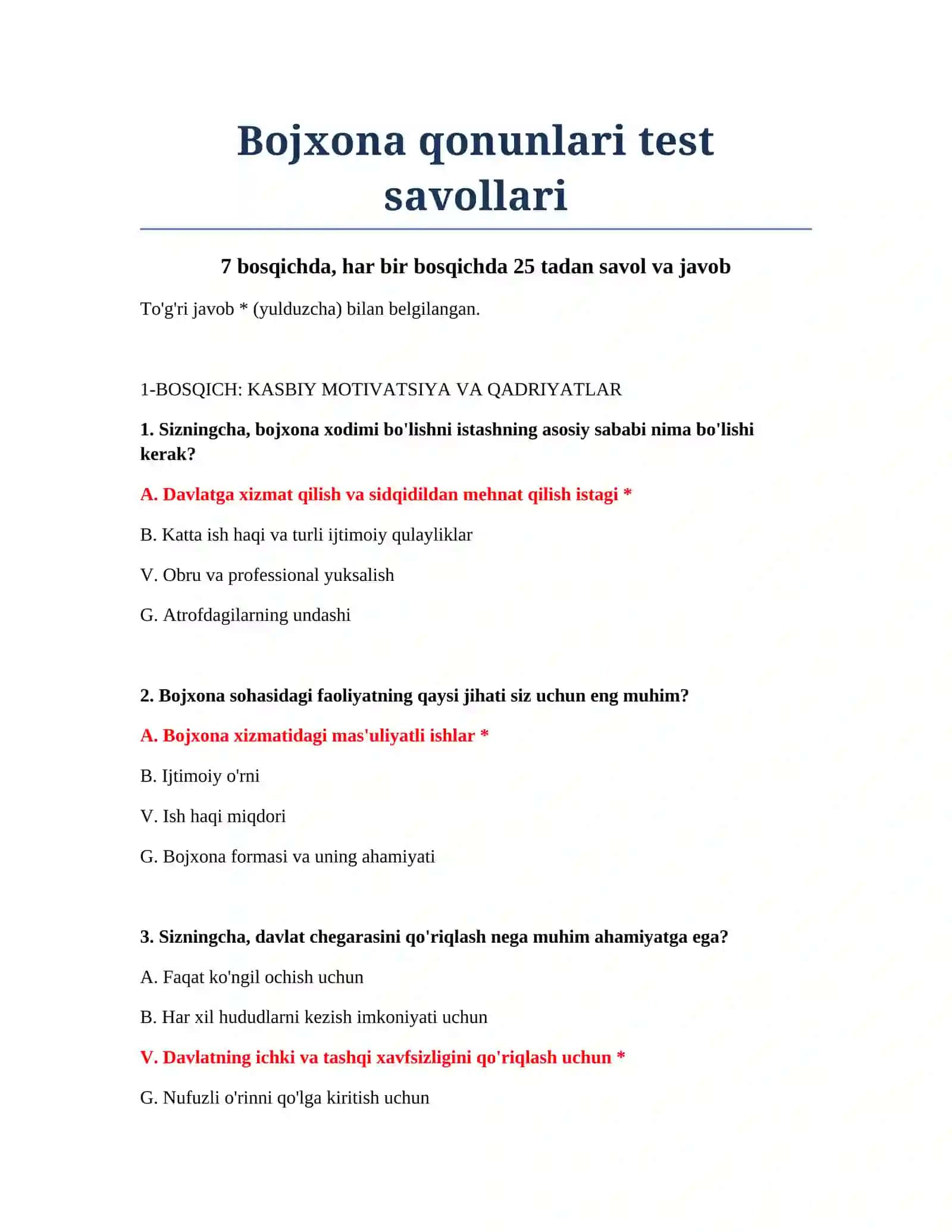 Bojxona qonunlari test savollari 2