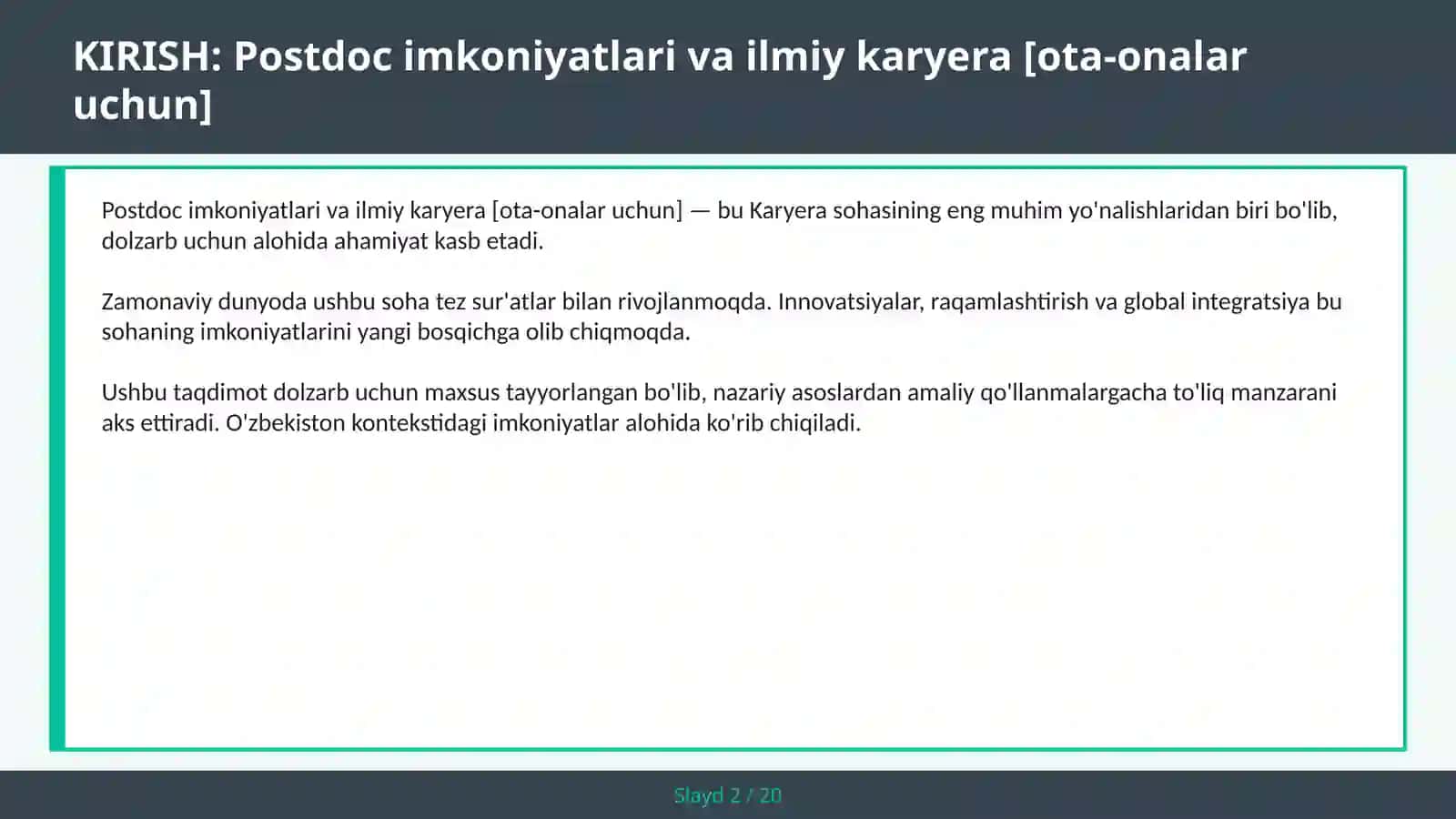 Postdoc imkoniyatlari va ilmiy karyera [OTA-ONALAR UCHUN] 2