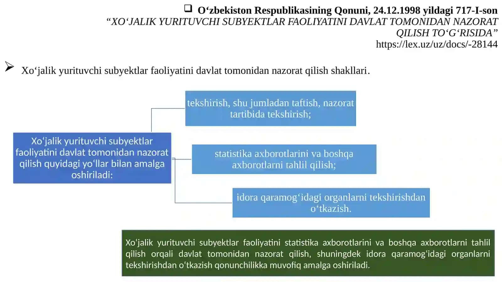 Xo‘jalik yurituvchi subyektlar faoliyatini davlat tomonidan tekshirish uchun asoslar, tekshirish va moliya-xo‘jalik faoliyatini rejali tekshirishlar davriyligi, tekshiruvlar muddatlarining o‘ziga xos jihatlari 2