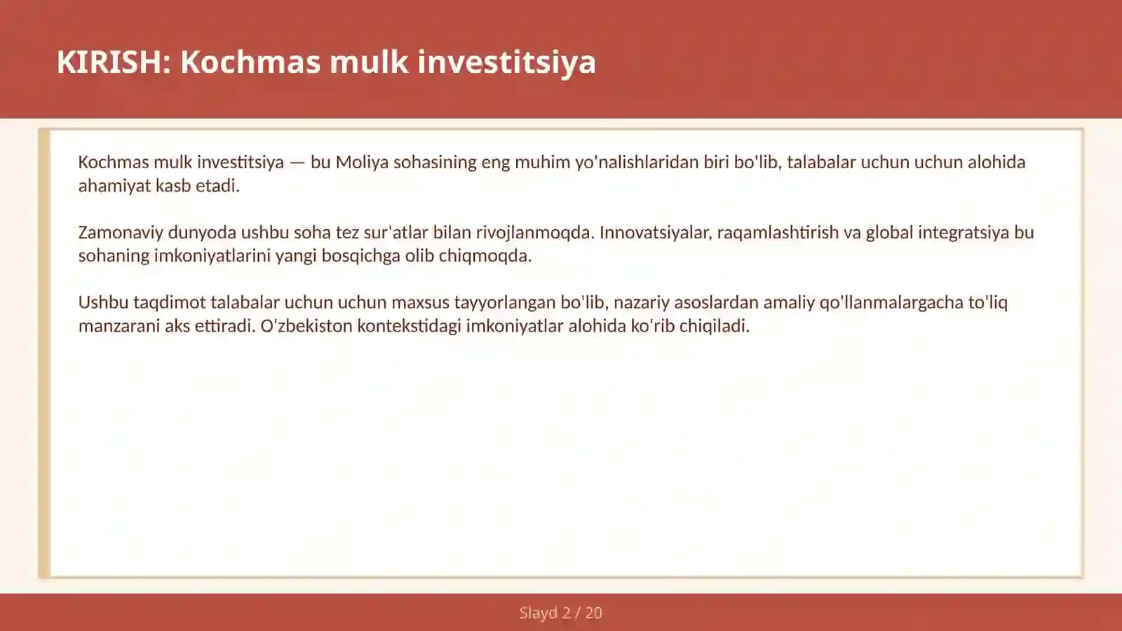 Kochmas Mulk Investitsiya 2