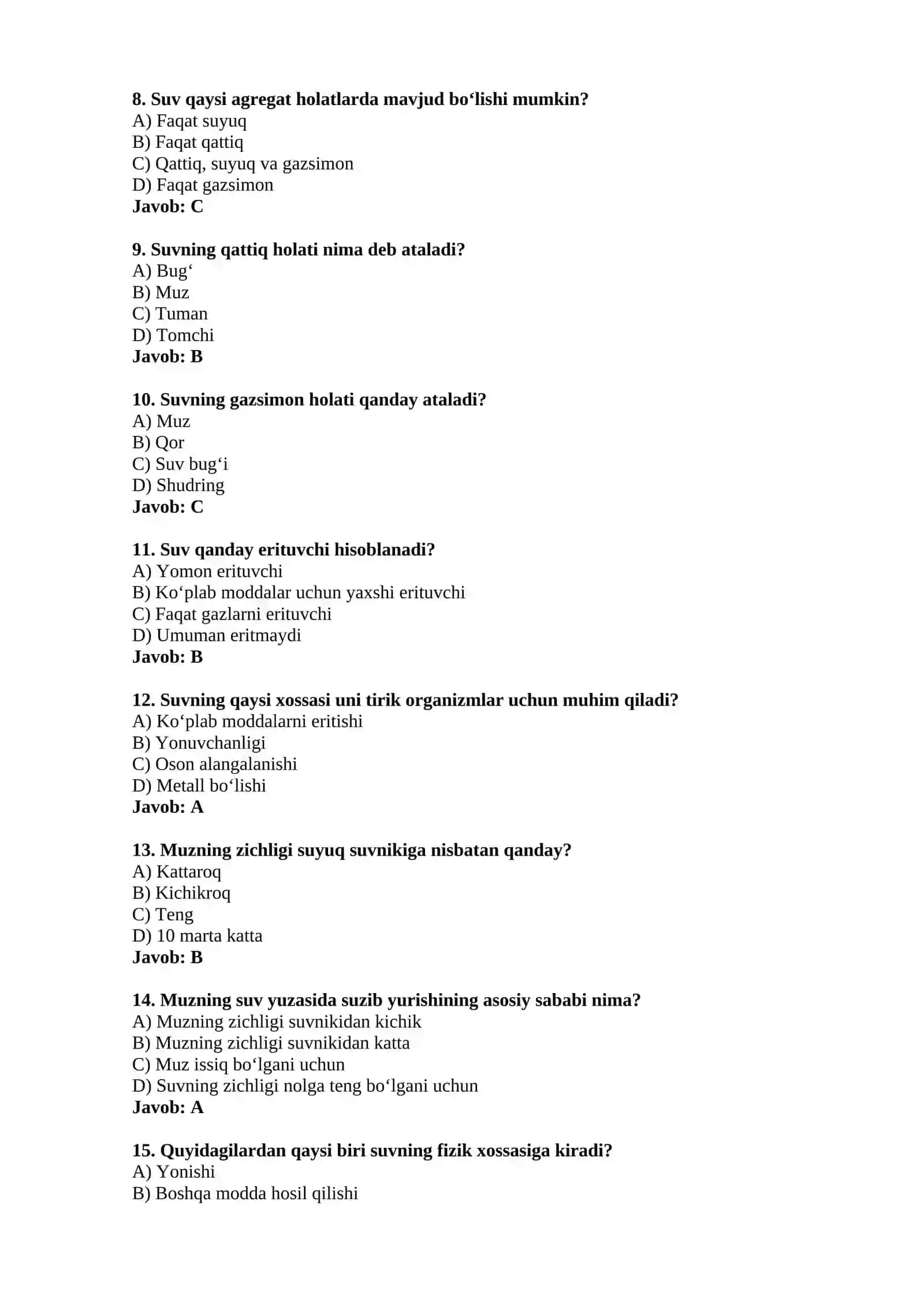Suvning fizik xossalari — 15 ta test 2