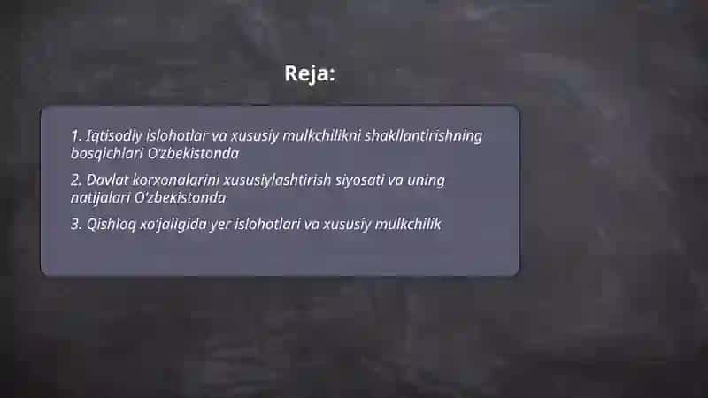 Iqtisodiy islohotlar xususiy mulkchilikning shakillanishi oʻzbekistonda bozor munosabatlarining rivojlanishi 2