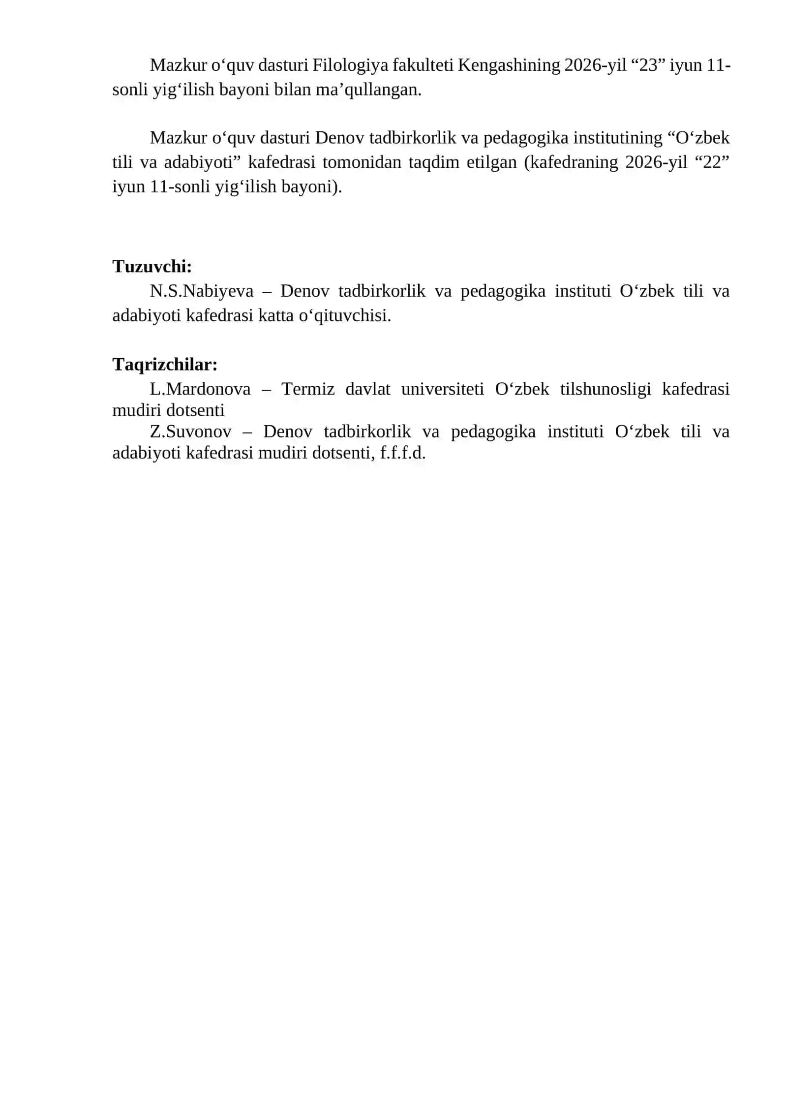 Navoiyshunoslik fanining o‘quv dasturi 2026 (Navoiyshunoslik I, II) 2