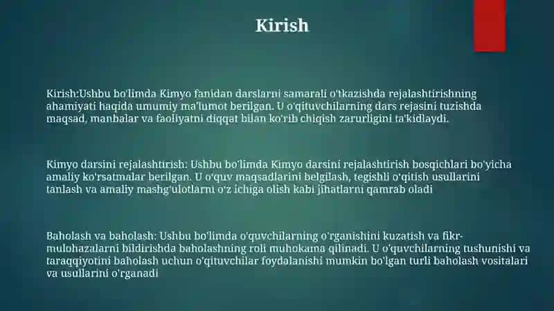 Kimyo Fanini Oqitish Jarayonini Tashkil Etishni Rejalashtirish 2