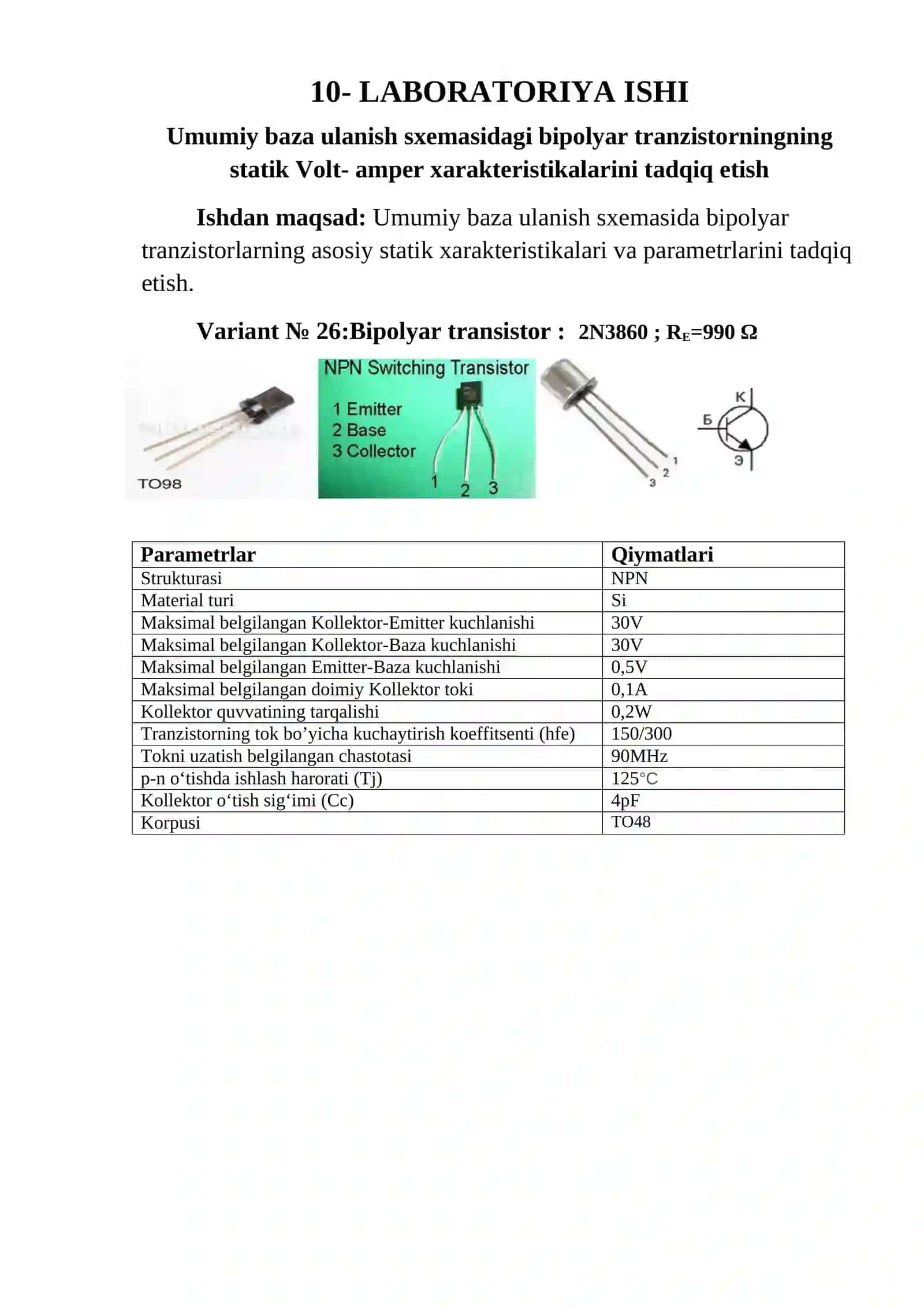 Umumiy baza ulanish sxemasidagi bipolyar tranzistorningning statik Volt-amper xarakteristikalarini tadqiq etish 2