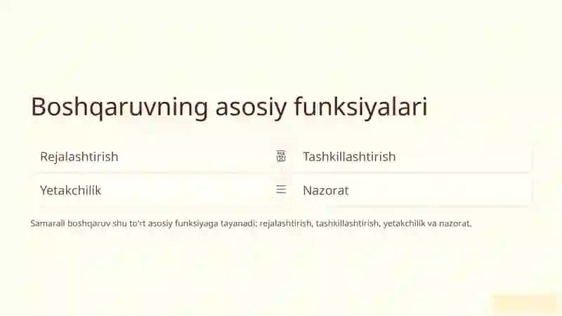 Boshqaruv funksiyalari va algoritmi 2