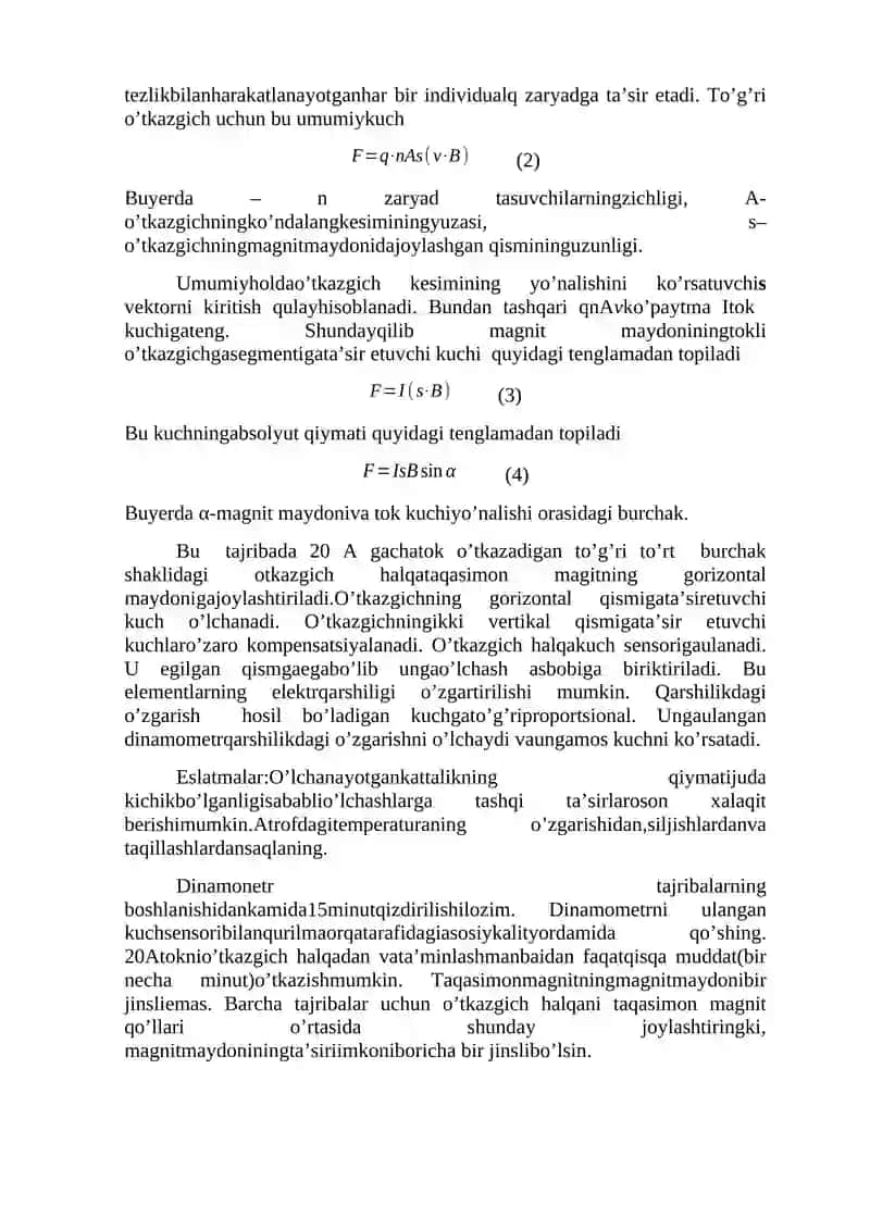 TAQASIMON MAGNIT MAYDONIDA TOKLI O’TKAZGICHGA TA’SIRETUVCHI KUCHNI O’LCHASH 2