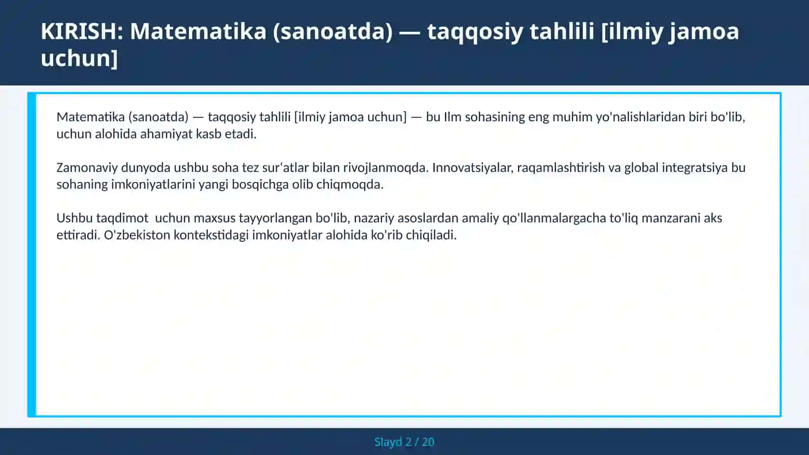 MATEMATIKA (SANOATDA) — TAQQOSIY TAHLILI [ILMIY JAMOA UCHUN] 2