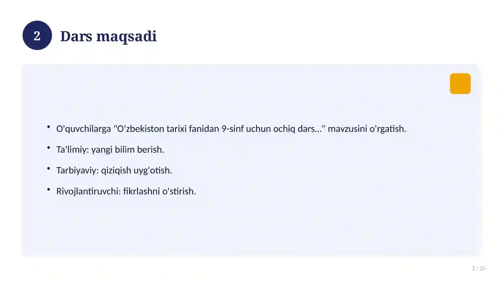 O'zbekiston tarixi fanidan 9-sinf uchun ochiq dars ishlanmasi 2