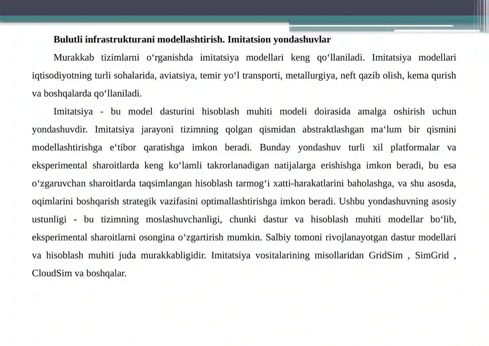 Modeldagi asosiy obyektlar, Cloud Simplatformasi,CDOSim simulyatori 2